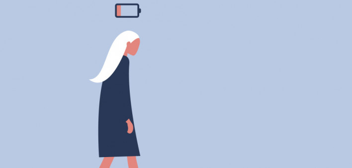 illustration of woman with white hair walking with drained battery over her head